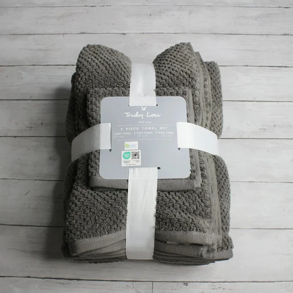 Truly Lou Bath Towel Set 100% Cotton Gray Hand Towels Washcloth 6 Piece